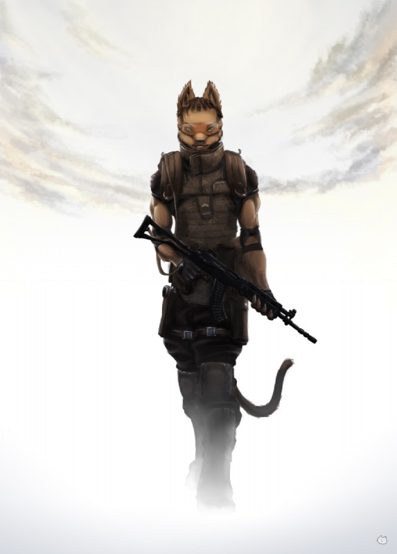 anthro armor eyewear flak_jacket fog front_view goggles gun holding_gun holding_object holding_ranged_weapon holding_weapon looking_at_viewer male military muscular muscular_anthro muscular_male ranged_weapon rifle rk-95_(gun) simple_background sky solo tail walking weapon zekit felid mammal hi_res