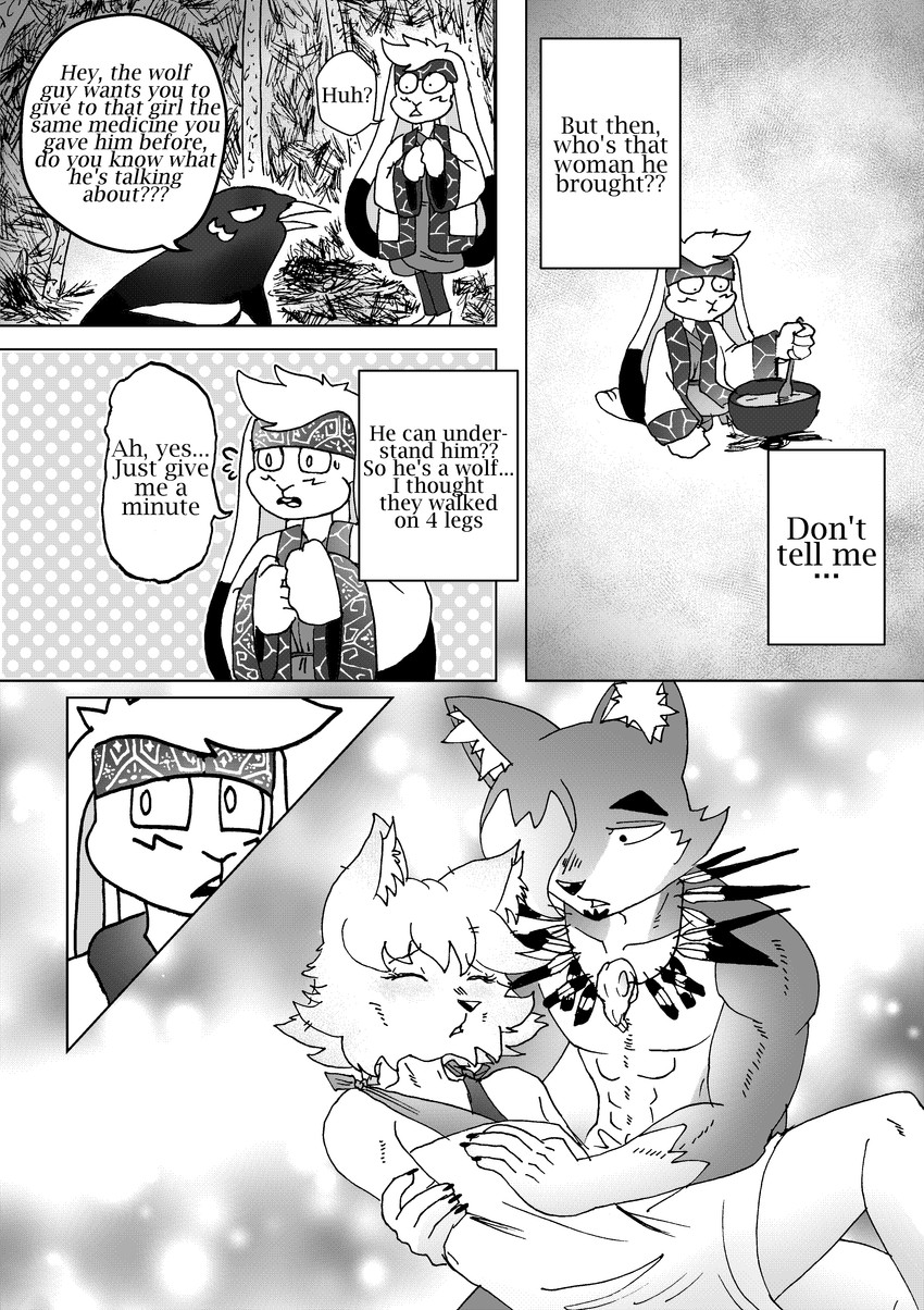 ainu_clothing anthro big_ears big_feet bone bottomwear bowing clothing collar countershade_face countershade_fur countershade_torso countershading dialogue feathers feet footwear fur kerchief leg_markings male markings muscular muscular_anthro muscular_male pose scared shocked skirt skull socks_(marking) text underwear efradraws northwind_(efradraws) isepo_(efradraws) kasni_(efradraws) n'tal_(northwind) uspul_(efradraws) avian bird canid canine canis corvid lagomorph leporid magpie_(corvid) mammal oscine passerine rabbit wolf absurd_res black_and_white comic digital_media_(artwork) english_text halftone hi_res monochrome