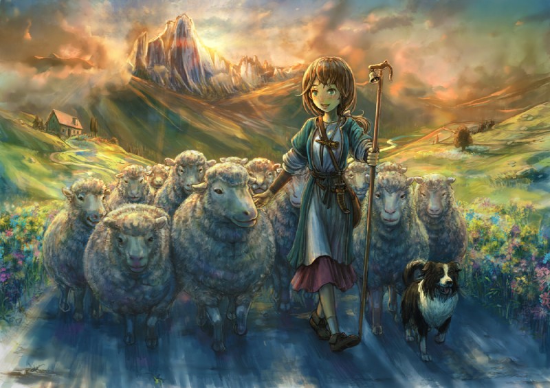 ambiguous_gender bell blue_eyes brown_body brown_fur brown_hair building clothed clothing cloud female feral flower fur grass group hair hooves horn male melee_weapon mountain outside plant polearm road shepherd shepherd's_crook sky staff sun tree weapon white_body white_fur wool_(fur) burunuu_(bullnukko) bovid canid canine canis caprine domestic_dog domestic_sheep herding_dog human mammal pastoral_dog sheep 2015