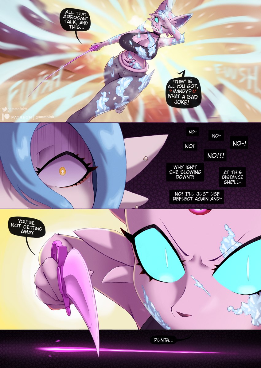 accessory angry anthro battle belt big_breasts bra breasts cleavage clothed clothing cross-popping_vein dialogue ear_piercing elemental_manipulation eyelashes female female_anthro fingers furgonomics furry-specific_piercing glowing glowing_eyes hair holding_object holding_weapon huge_breasts ice ice_manipulation icy_wind imminent_violence inner_monologue looking_at_viewer melee_weapon one_eye_closed onomatopoeia outside panicked_look panicking piercing psychic_powers psycho_cut running scared sound_effects sports_bra sword tail tail_accessory tail_belt tail_piercing text text_on_bra text_on_clothing text_on_sports_bra text_on_underwear thinking underwear weapon gammainks nintendo pokemon mandy_(gammainks) vanessa_(gammainks) eeveelution espeon generation_2_pokemon generation_6_pokemon mega_evolution mega_gardevoir pokemon_(species) 2025 absurd_res artist_name comic digital_media_(artwork) english_text hi_res