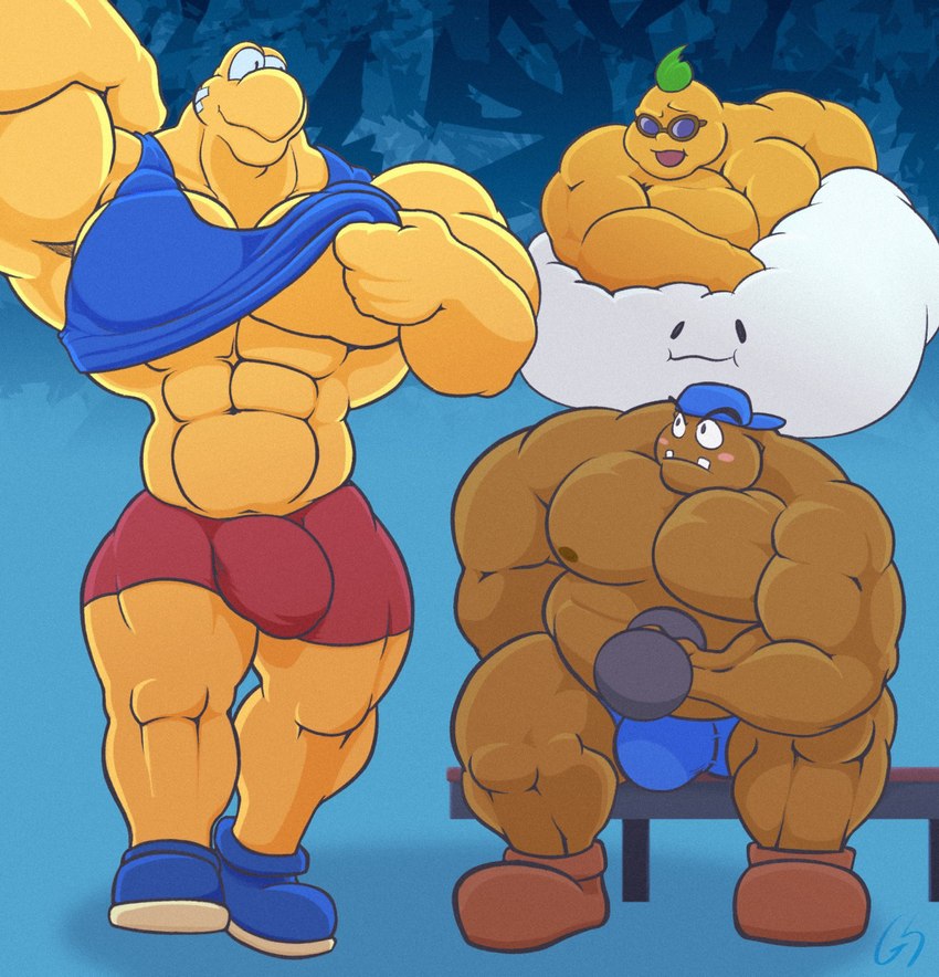 abs anthro bandage bench blue_background bottomwear bulge clothing cloud dumbbell eyewear footwear group gym hat headgear headwear jersey male muscular muscular_anthro muscular_male pecs shirtless shirtless_anthro shirtless_male shoes shorts simple_background smile sunglasses teeth trio underwear weights gs mario_bros nintendo nintendo_switch paper_mario goombario kooper lakilester goomba koopa koopa_troopa lakitu lakitu's_cloud scalie hi_res