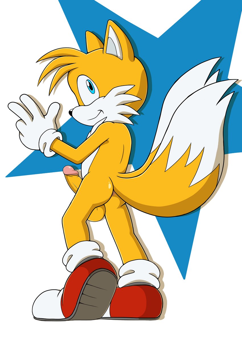 anthro anus balls butt clothing erection footwear genitals gloves handwear humanoid_genitalia humanoid_penis looking_back male mostly_nude multi_tail penis shoes simple_background smile socks solo tail young young_anthro stripes-the-raccoon sega sonic_the_hedgehog_(series) miles_prower canid canine fox mammal absurd_res hi_res