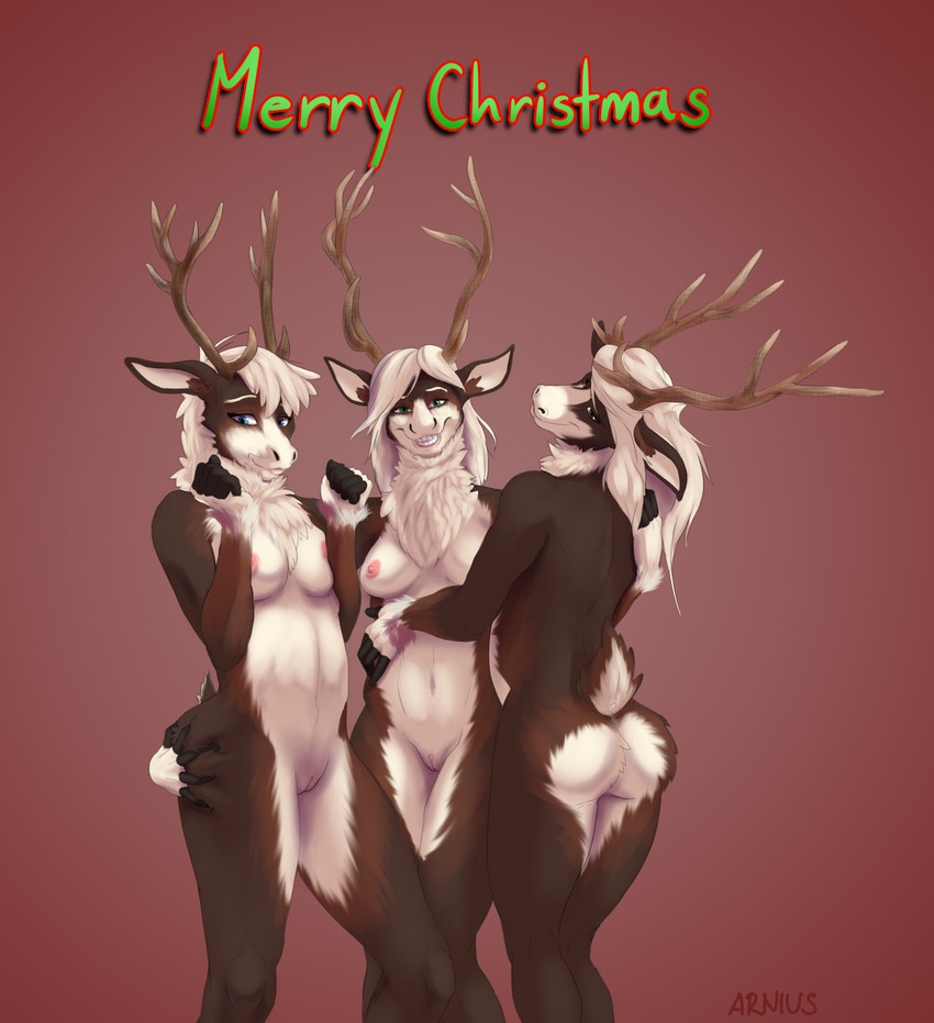 anthro blue_eyes breasts brown_eyes butt butt_grab female genitals gradient_background green_eyes group group_nudity hair hand_on_butt holidays humanoid_genitalia humanoid_pussy merry_christmas navel nipples nude nude_anthro nude_female pussy shy simple_background standing white_hair arnius christmas dancer_(reindeer) dasher prancer deer mammal new_world_deer reindeer digital_media_(artwork) hi_res shaded