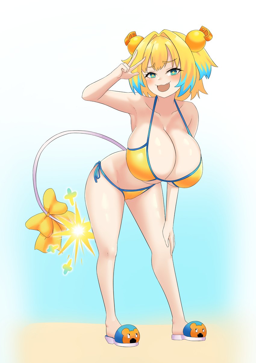 accessory beach bent_over big_breasts big_butt bikini blonde_hair blush breasts butt cleavage clothed clothing fangs female gesture green_eyes hair hair_accessory hand_gesture huge_breasts multicolored_hair open_mouth pupils sand seaside smile solo standing swimwear tail teeth two-piece_swimsuit unusual_pupils v_sign water wide_hips puffywaffles pine_(bombergirl) humanoid absurd_res hi_res