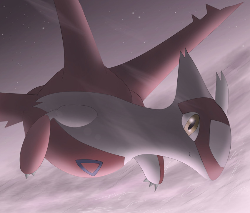 claws cloud female finger_claws flying night red_body sea sky solo star starry_sky water white_body yellow_eyes all0412 nintendo pokemon generation_3_pokemon latias legendary_pokemon pokemon_(species) shaded