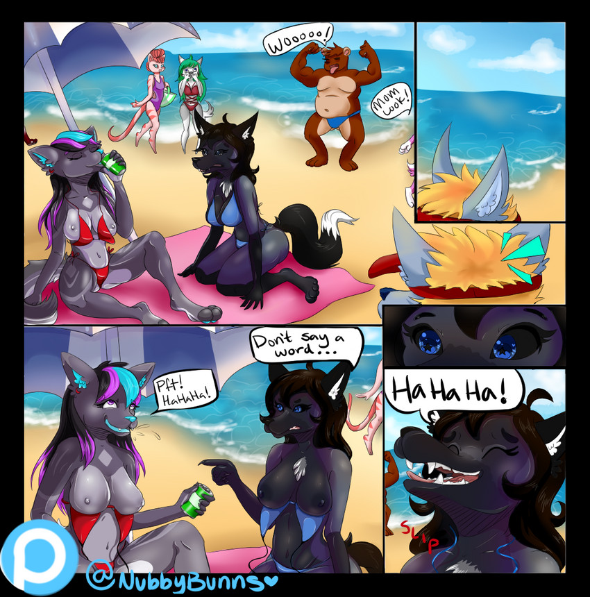 anthro areola background_eyes background_text beach beach_towel beach_umbrella bikini black_hair breasts clothed clothing comic_panel dialogue dialogue_box duo female female/female hair highlights_(coloring) nipples oops parasol seaside swimwear topless towel two-piece_swimsuit wardrobe_malfunction nubbybunns sonja_wusky canid canine canis fox hybrid mammal red_fox silver_fox true_fox wolf wolfdog comic