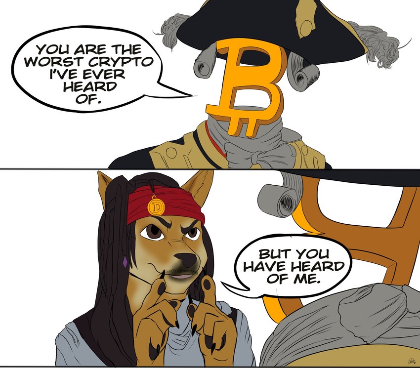 5_fingers anthro brown_eyes claws clothed clothing cryptocurrency dialogue facial_hair fingers for_a_head hair hat headgear headwear humor kerchief long_hair male mustache parody pirate simple_background smile speech_bubble text wig thed4rk1ord bitcoin disney dogecoin dogelore pirates_of_the_caribbean doge jack_sparrow james_norrington canid canine canis domestic_dog mammal object_head shiba_inu spitz 2021 english_text hi_res meme