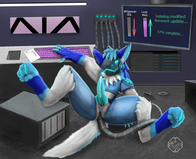 4_fingers 4_toes anal anal_penetration animal_genitalia animal_penis anthro blue_body blue_ears blue_eyes blue_fur blue_hair blue_penis blush bodily_fluids canine_genitalia canine_penis claws detailed_background digitigrade erection feet fingers fur genital_fluids genitals glowing glowing_genitalia glowing_markings glowing_penis hair inside knot laboratory lying machine male markings multicolored_body nude penetration penis precum screen screen_face solo spread_legs spreading toe_claws toes wire bedethingy dat mammal protogen robot 2019 digital_media_(artwork) signature