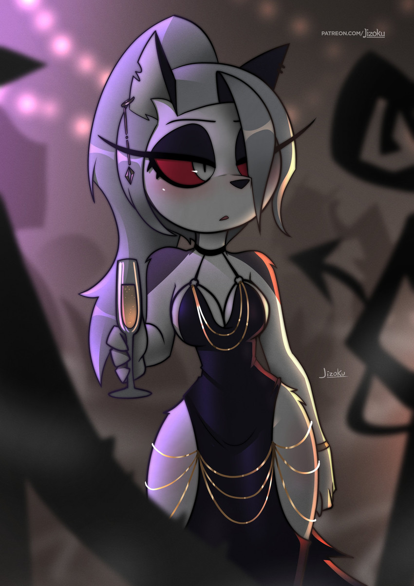 anthro beverage breasts champagne_glass cleavage clothed clothed_anthro clothed_female clothing container cup dress drinking_glass ear_piercing ear_ring female glass glass_container glass_cup hair hair_over_eye holding_beverage holding_object notched_ear piercing red_sclera ring_piercing text jizoku hellaverse helluva_boss hollow_hip_backless_chain_dress mythology background_character loona_(helluva_boss) canid canid_demon canine demon hellhound mammal mythological_canine mythological_creature 2025 absurd_res hi_res url