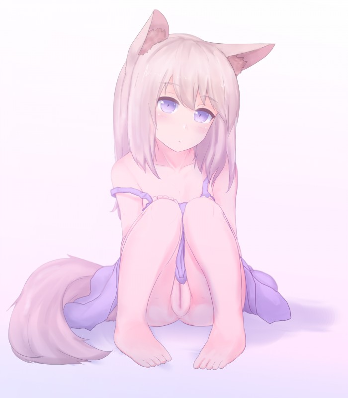 anus barefoot blush bottomless brown_hair clothed clothing dress feet female fox_tail genitals hair long_hair looking_at_viewer off_shoulder purple_eyes pussy simple_background sitting solo white_background nao_(artist) animal_humanoid canid canid_humanoid canine canine_humanoid fox fox_humanoid humanoid mammal mammal_humanoid digital_media_(artwork) hi_res shaded