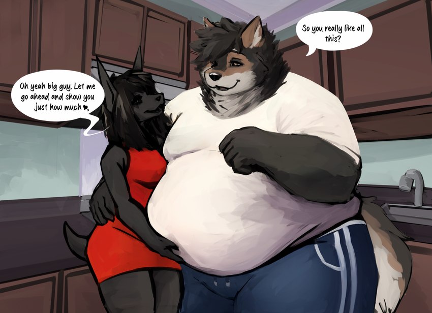 anthro athletic_wear black_nose black_text blue_bottomwear blue_clothing blue_shorts bottomwear breasts brown_eyes clothing dialogue dress duo faucet female furgonomics gym_bottomwear gym_shorts inside male male/female medium_breasts moobs obese obese_anthro obese_male overweight overweight_anthro overweight_male red_clothing red_dress shirt shorts sink speech_bubble tail text topwear weight_gain white_clothing white_shirt white_topwear silverfang725 aamina_(silverfang725) zack_(silverfang725) canid canine canis jackal mammal clip_studio_paint_(artwork) digital_media_(artwork) english_text hi_res story story_in_description