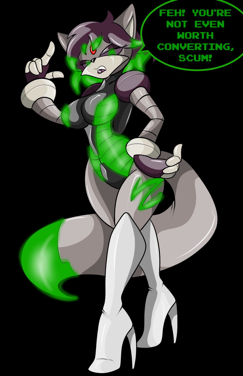 4_fingers anthro big_breasts black_sclera boots breasts clothing corruption dialogue dipstick_tail female fingers footwear glistening glistening_body glowing glowing_eyes green_body green_eyes green_highlights grey_body grey_hair hair high_heeled_boots high_heels highlights_(coloring) looking_at_viewer machine markings multicolored_body robotization shoes solo speech_bubble standing tail tail_markings talking_to_viewer text white_clothing white_footwear white_high_heels chaoscroc zyla_garthori_(zylo_garoh) canid canine fox mammal robot 2022 alpha_channel english_text hi_res story story_in_description