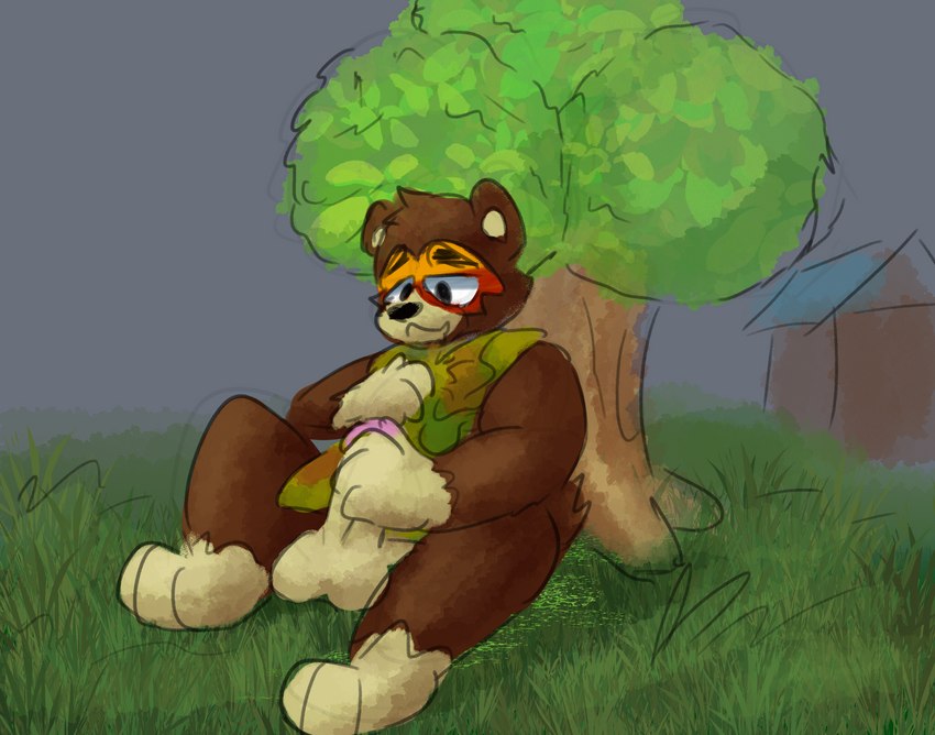 brown_body brown_fur fur genitals male masturbation penis plant solo tree lockedsdcard animal_crossing nintendo ike_(animal_crossing) bear brown_bear mammal ursine hi_res sketch