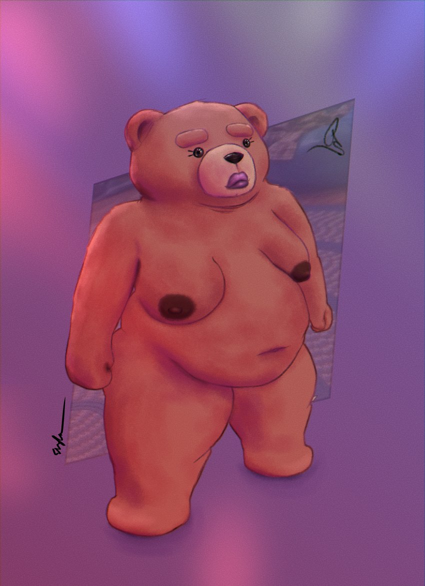 anthro belly big_belly biped brown_body crossgender dark_nipples female lipstick makeup mtf_crossgender nude overweight overweight_female plushie slight_smile teddy_bear snifflah ted_(film) universal_studios ted_(ted) bear humanoid mammal absurd_res hi_res signature