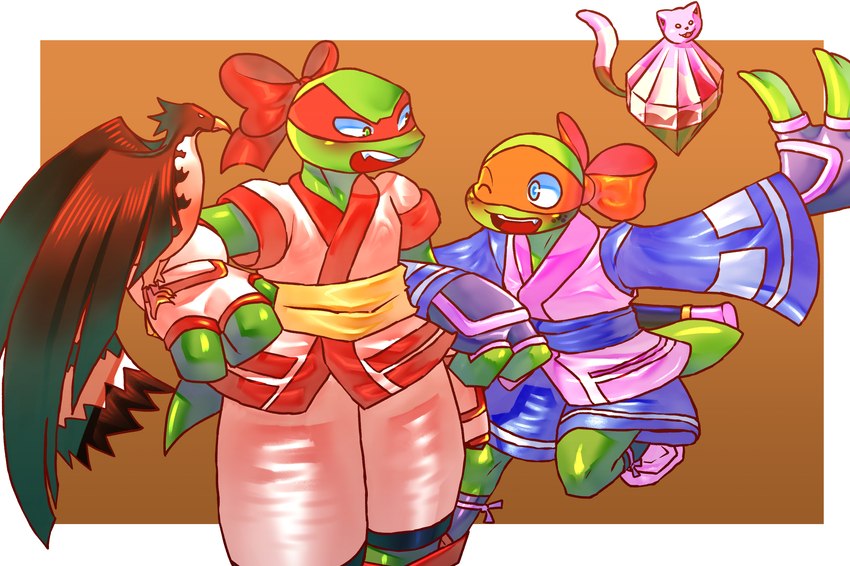 ainu_clothing anthro blue_eyes duo green_body green_eyes group male male/male orange_scarf red_scarf scarf devilturtle nickelodeon samurai_shodown samurai_spirits snk teenage_mutant_ninja_turtles michelangelo_(tmnt) nakoruru raphael_(tmnt) rimururu reptile scalie turtle 2023 absurd_res hi_res