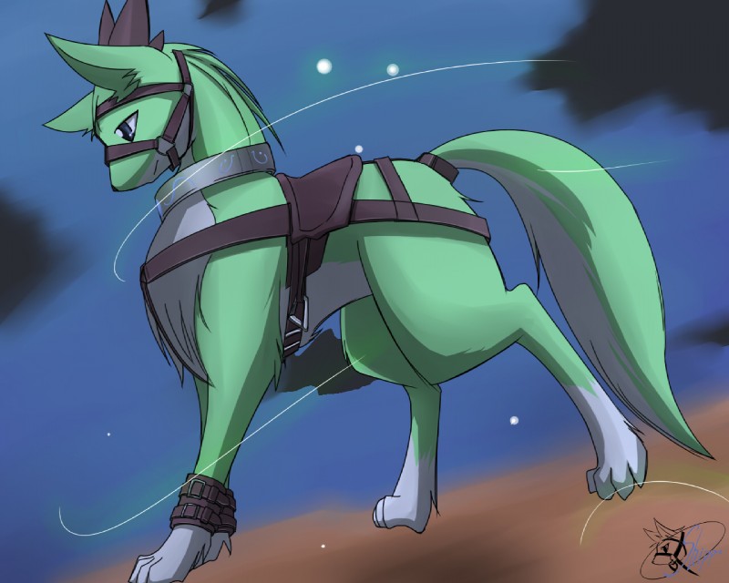 bound bridle feral fur green_body green_fur harness kemono male mount quadruped saddle solo submissive submissive_male tail fadingsky canid canine fox mammal ridea 5:4