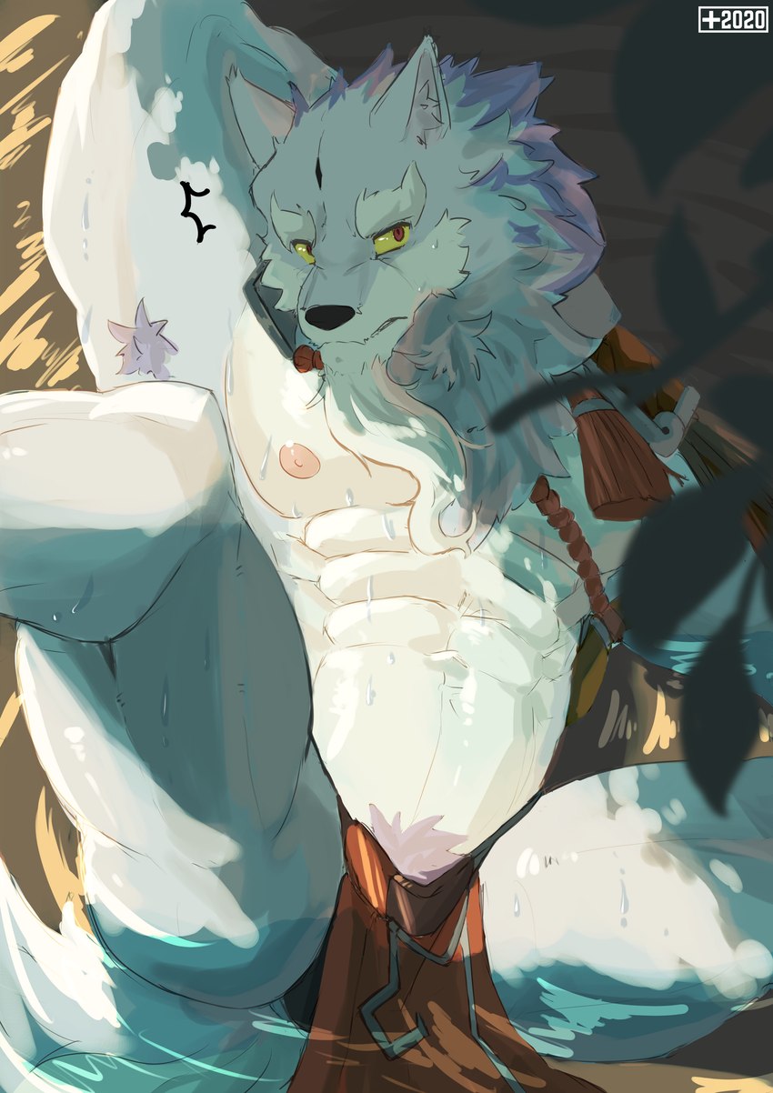 abs anthro areola armpit_hair biped bodily_fluids body_hair bottomwear clothing eyebrows front_view fur loincloth male muscular muscular_anthro muscular_male nipples pecs red_eyes solo sweat tail yellow_sclera monsterplus sdorica law_(sdorica) canid canine canis mammal wolf absurd_res hi_res