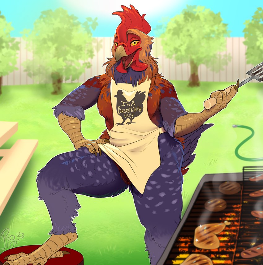 anthro apron apron_only avian_feet barely_visible_genitalia barely_visible_pussy beak burger chicken_meat claws clothing female food front_view genitals grill grilling hamburger_patty hand_on_hip looking_at_viewer meat mostly_nude open_beak open_mouth outside pussy scuted_arms scutes solo step_pose pig_(artist) rhari_(ayrrenth) avian bird chicken galliform gallus_(genus) phasianid 2023 hi_res