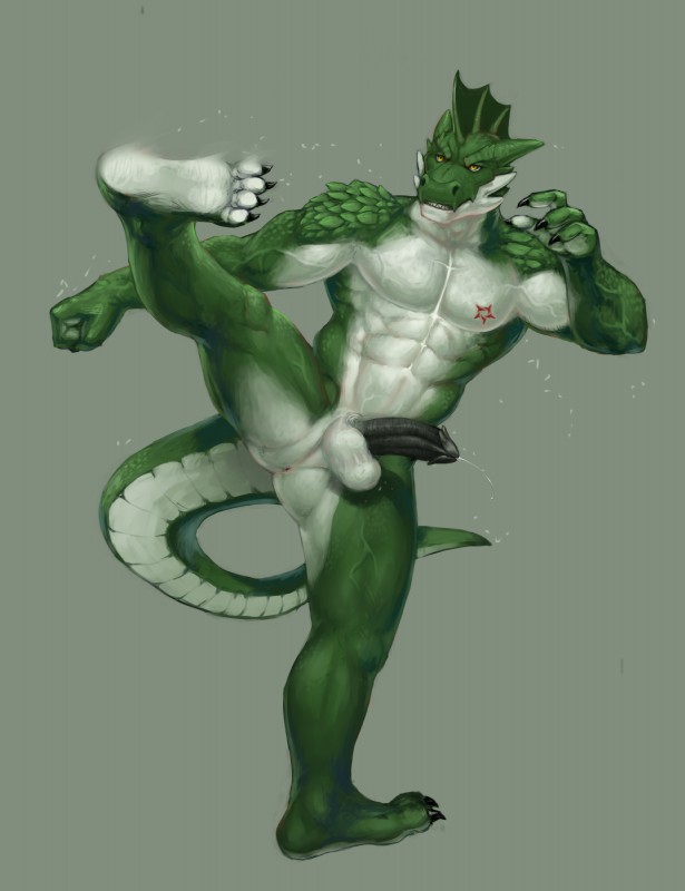 4_fingers 4_toes abs action_pose animal_genitalia anthro anus athletic balls barbed_humanoid_penis barefoot biceps big_muscles biped black_penis bodily_fluids butt claws countershade_feet countershading cum cum_string erection fangs fantasy feet fingers frill_(anatomy) genital_fluids genitals green_background green_body green_skin head_crest head_frill hindpaw horn humanoid_feet humanoid_genitalia humanoid_penis hybrid_genitalia hybrid_penis kick leaking male membrane_(anatomy) membranous_frill muscular muscular_anthro muscular_male non-mammal_balls nude paws pecs penile_spines penis perineum plantigrade pose precum raised_leg scales sheath simple_background soles solo standing sweat tattoo teeth toe_claws toes vein veiny_muscles white_body white_skin yellow_eyes pockyrumz rrowdybeast everquest ssvanti iksar reptile scalie 2014 absurd_res digital_media_(artwork) hi_res