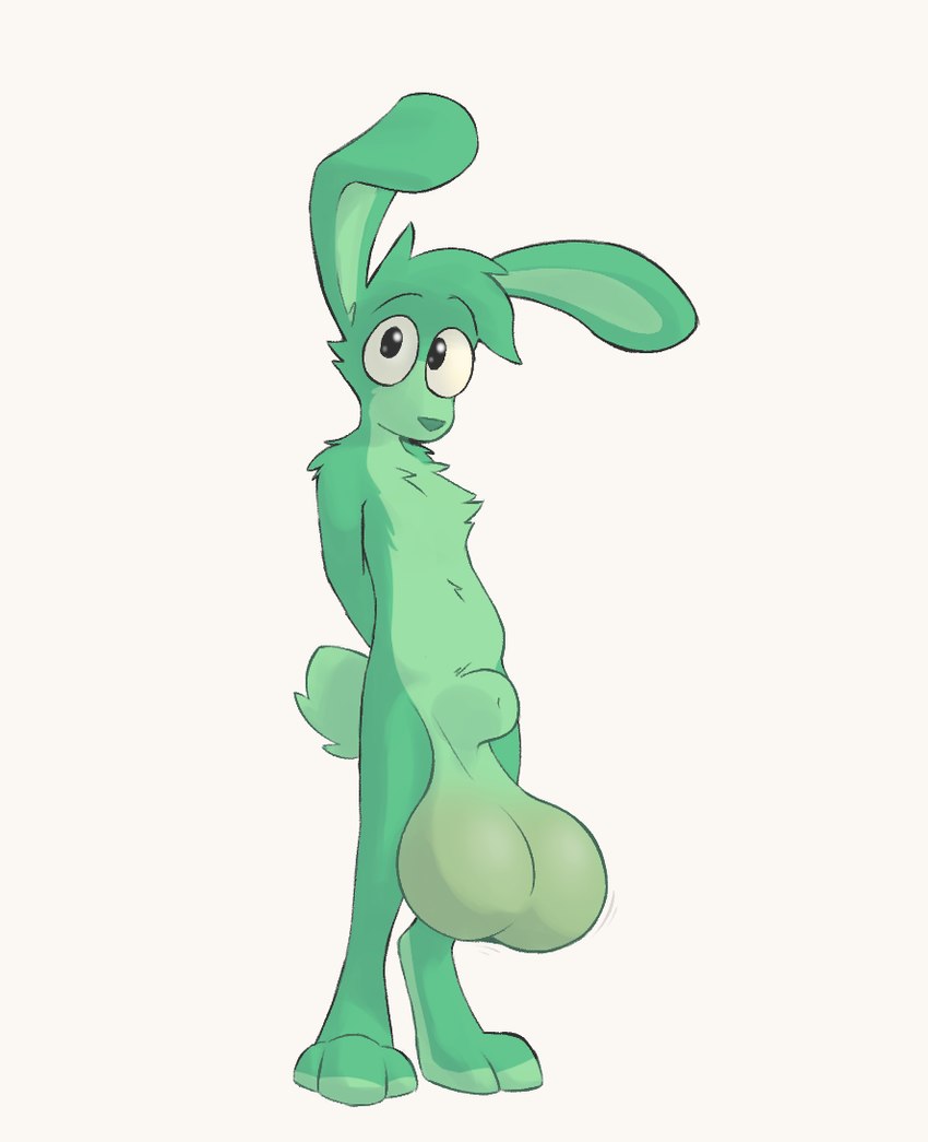 animal_genitalia anthro balls big_balls fully_sheathed fur genitals green_body green_fur hands_behind_back huge_balls hyper hyper_balls hyper_genitalia long_ears looking_at_viewer male saggy_balls sheath solo bernie-buddy lagomorph leporid mammal rabbit