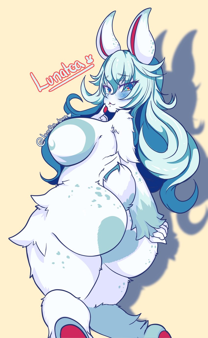 anthro big_breasts big_butt blue_blush blue_body blue_eyes blue_fur blue_hair blue_markings blush breasts butt butt_heart cotton_tail dipstick_ears ear_markings eyebrow_through_hair eyebrows eyelashes female fur hair huge_breasts huge_butt long_hair looking_at_viewer looking_back looking_back_at_viewer markings multicolored_ears nude pawpads rear_view red_pawpads simple_background solo text thick_thighs translucent translucent_hair wide_hips yellow_background lem0n_bun lagomorph leporid mammal rabbit hi_res