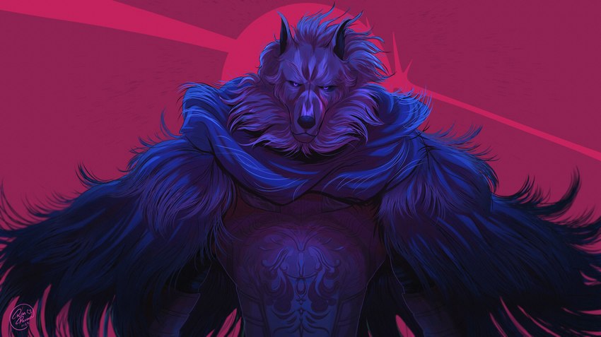 anthro black_inner_ear black_nose blue_cape blue_clothing blue_eyes cape chest_tattoo clothing fluffy fur looking_at_viewer male muscular muscular_anthro muscular_male red_background serious serious_face shirtless shirtless_anthro shirtless_male simple_background solo standing tattoo white_body white_fur ranpakoka elden_ring fromsoftware blaidd_(elden_ring) canid canine canis mammal wolf 2023 absurd_res colored cover_art hi_res shaded signature wallpaper