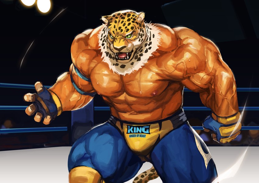 abs biceps big_muscles bodily_fluids bulge fighting_ring for_a_head huge_muscles luchador male mask muscular muscular_male pecs solo sweat text vein veiny_muscles wrestler wrestling traver009 tekken tekken_7 king_(tekken) animal_head animal_humanoid felid human humanoid jaguar mammal pantherine absurd_res english_text hi_res