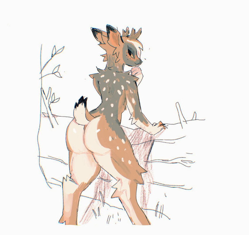 ambiguous_gender anthro antlers big_butt blush butt digitigrade fluffy fur horn looking_back markings minimal_color multicolored_body multicolored_fur nude raised_tail rear_view scut_tail short_tail simple_background smile solo spots spotted_body spotted_fur tail thick_thighs yellow_sclera thorn_paw rowan_(thorn_paw) deer mammal 2021