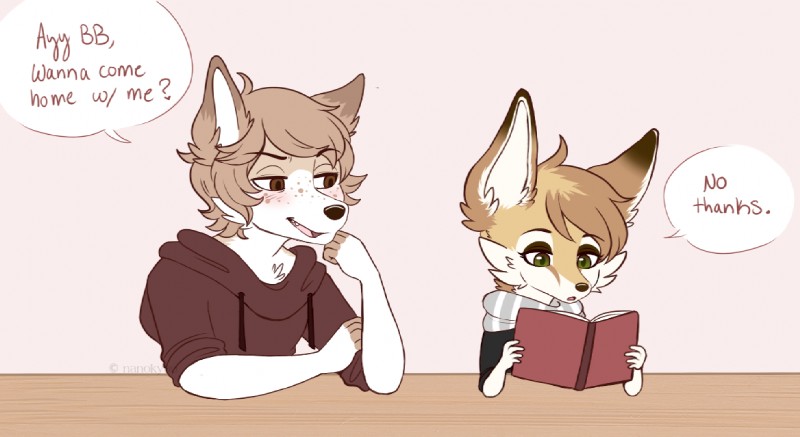 ambiguous_gender anthro blush book clothed clothing duo fur hair male smile text nanokyuu canid canine fennec_fox fox mammal true_fox english_text