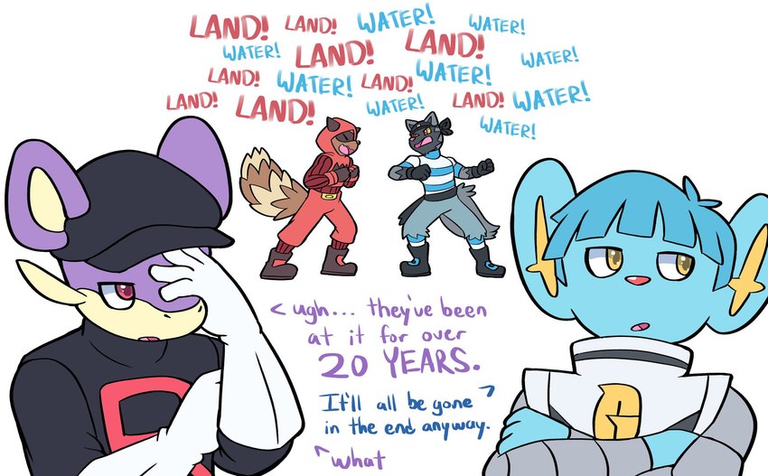 anthro argument border clothing crossed_arms exasperated facepalm group male text white_border imdanuki nintendo pokemon team_aqua team_galactic team_magma team_rocket aqua_grunt galactic_grunt grunt_(pokemon) magma_grunt rocket_grunt generation_1_pokemon generation_3_pokemon generation_4_pokemon pokemon_(species) poochyena rattata shinx zigzagoon english_text hi_res