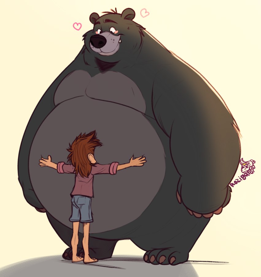 anthro barefoot belly big_belly blush bottomwear claws clothed clothing duo feet fur hair heart_symbol hug hugging_belly larger_anthro male mouth_closed nude obese obese_anthro obese_male overweight overweight_anthro overweight_male paws shirt shorts size_difference smaller_human smile standing topwear razigator disney the_jungle_book baloo bear human mammal 2024 hi_res signature