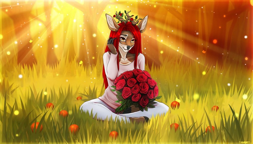 5_fingers anthro breasts clothed clothing day detailed_background ear_piercing female fingers forest grass hair hooves outside piercing plant red_hair smile solo tree amur deer mammal 2018 digital_media_(artwork)