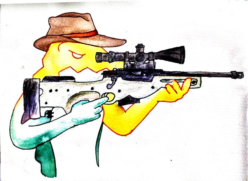 aiming anthro arctic_warfare_(gun) clothing gun hat headgear headwear male mine_ae_stuff ranged_weapon solo weapon glitch_productions the_amazing_digital_circus gummigoo_(tadc) alligator alligatorid crocodile crocodilian reptile scalie absurd_res hi_res watercolor_(artwork)