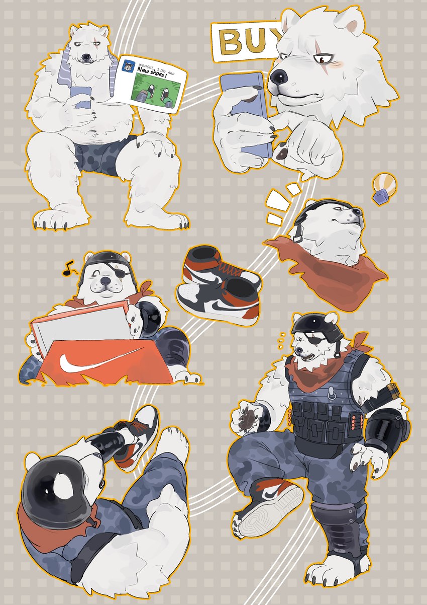 anthro armor box bulletproof_vest camo camo_clothing camo_print claws clothing container electronics footwear fur headgear helmet holding_object holding_phone male open_box overweight overweight_anthro overweight_male pattern_clothing phone shoes sneakers solo torn_boots uniform white_body white_fur 9x8bit epic_games fortnite nike polar_patroller bear mammal polar_bear ursine absurd_res comic hi_res