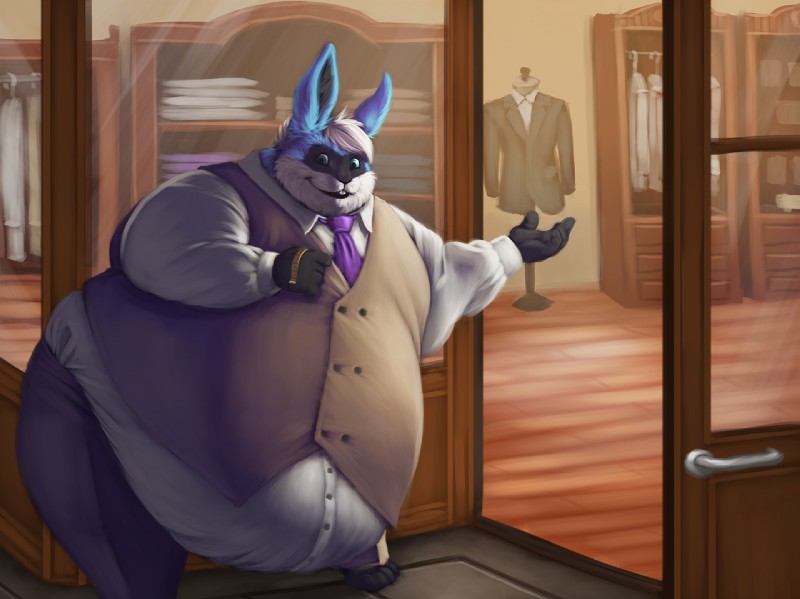 anthro barefoot belly belly_overhang big_belly big_butt biped black_body black_fur blue_body blue_fur buckteeth butt clothed clothing detailed_background feet fur grin holding_object huge_belly hyper hyper_belly male mannequin morbidly_obese morbidly_obese_anthro morbidly_obese_male multicolored_body multicolored_fur necktie obese obese_anthro obese_male open_mouth overhang overweight overweight_anthro overweight_male pose smile solo standing store suit tailor teeth topwear vest white_body white_fur window sugarboy winston_(roller-2009) lagomorph leporid mammal rabbit