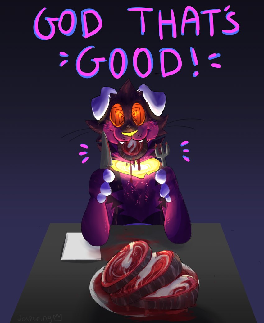 anthro black_whiskers blood blood_drip bodily_fluids candy_gore dripping eating eating_food eating_meat fangs floating_head floppy_ears food fur furniture glowing glowing_eyes glowing_nose gore gradient_background handpaw holding_fork holding_knife holding_object knife male meat napkin paws plate purple_body purple_fur purple_text red_eyes simple_background smile solo spiral_pupils table teeth text whisker_spots whiskers yellow_nose jaspering the_toymaker_(jaspering) domestic_cat felid feline felis mammal 2019 digital_media_(artwork) digital_painting_(artwork) english_text handwritten_text hi_res shaded