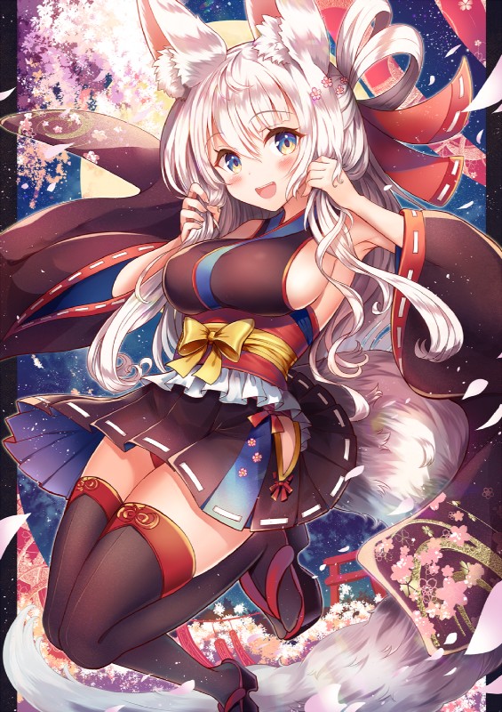 armwear breasts clothed clothing detached_sleeves dress female hair legwear solo thigh_highs white_hair sakura_ani animal_humanoid canid canid_humanoid canine canine_humanoid fox_humanoid humanoid mammal mammal_humanoid 2020 hi_res