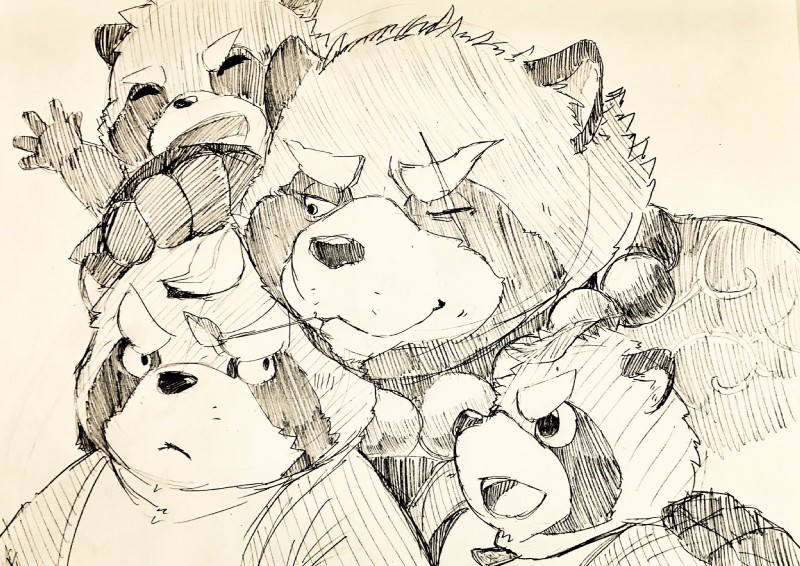 anthro clothed clothing group leaf male scar kogiinu lifewonders tokyo_afterschool_summoners gyobu_(tas) canid canine mammal raccoon_dog tanuki 2018 hi_res pen_(artwork) traditional_media_(artwork)