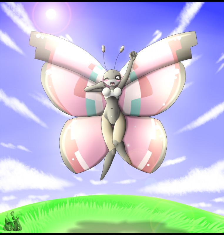 antennae_(anatomy) anthro anthrofied black_bars blush breasts cloud featureless_crotch female flying grass insect_wings navel non-mammal_breasts one_eye_closed outside plant pokemorph sky solo sun wings wink latiar nintendo pokemon arthropod generation_6_pokemon insect lepidopteran meadow_vivillon pokemon_(species) vivillon 2013 hi_res letterbox