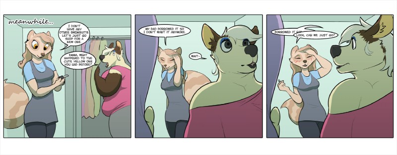 anthro blush clothed clothing dialogue duo female overweight text ritts dripdry emma_white canid canine canis domestic_dog mammal procyonid raccoon comic english_text