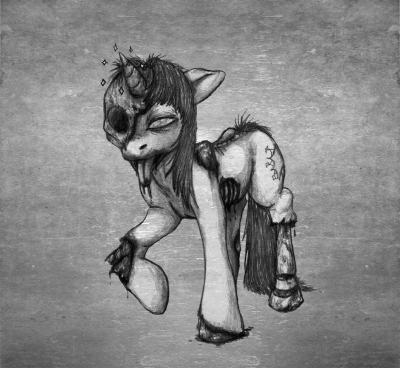 blood bodily_fluids bone creepy female feral fur gore hair horn quadruped solo tail tongue tongue_out aisu_art friendship_is_magic hasbro my_little_pony mythology twilight_sparkle_(mlp) equid equine mammal mythological_creature mythological_equine undead unicorn zombie 2012 greyscale hi_res monochrome