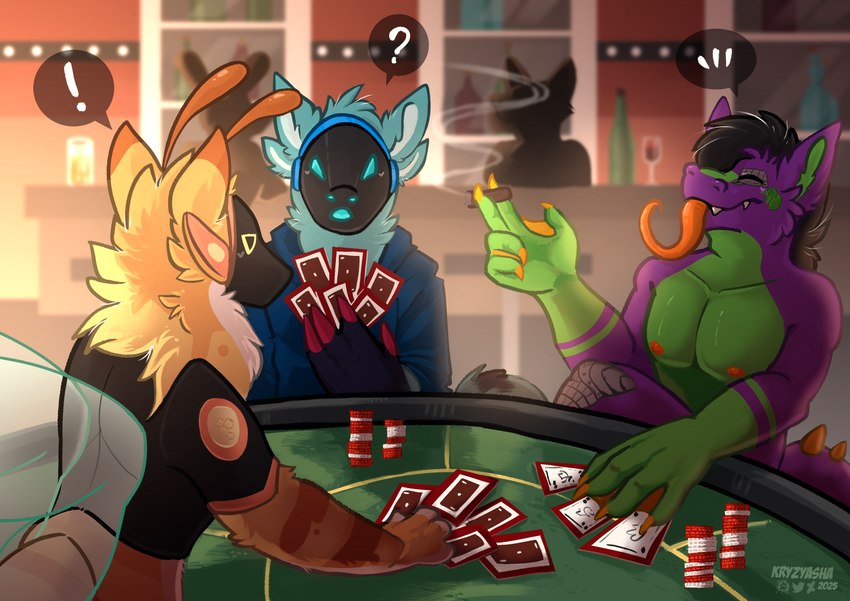 alcohol anthro bar beverage card cigar cigar_smoke clothing crossed_legs fluffy fluffy_ears glass_of_wine group holding_cigar holding_object hoodie long_tongue machine male membrane_(anatomy) neck_tuft playing_card poker poker_chip poker_table silhouette smoke smug_face tail_spines teeth_showing tongue tongue_out topwear trio tuft webbed_hands wings kryzyasha augmented_thunder pixel_(protogen) cyborg_dragon protogen absurd_res digital_media_(artwork) hi_res shaded signature smaller_version_at_source