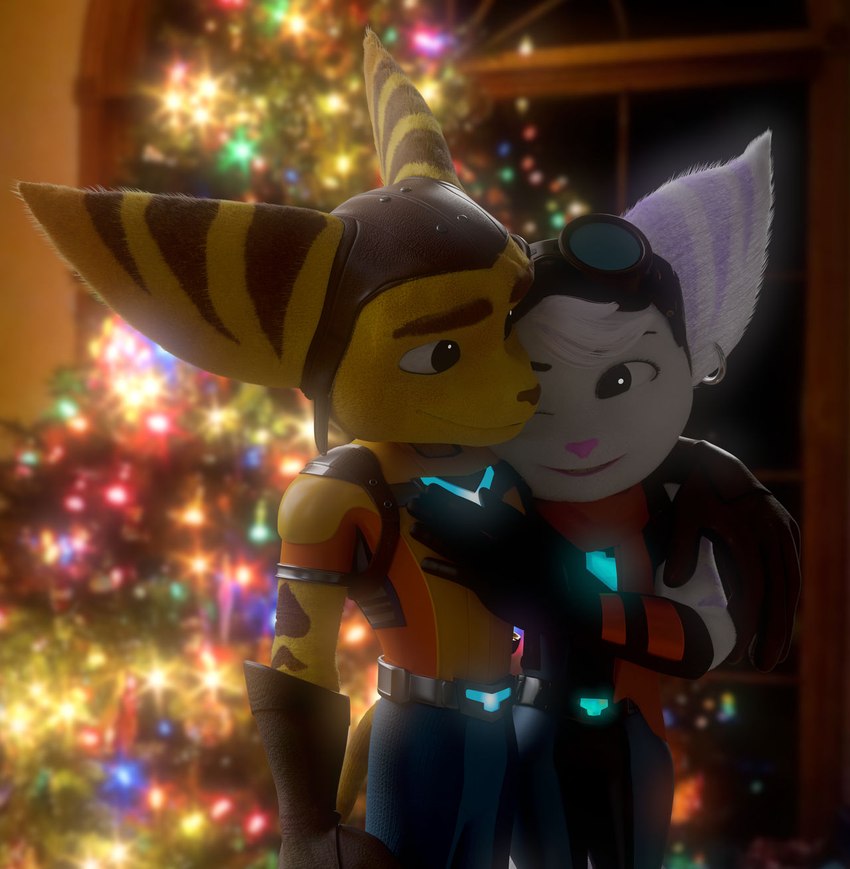 belt blue_eyes christmas_decorations christmas_lights christmas_tree clothing duo eyewear eyewear_on_head female gloves goggles goggles_on_head green_eyes handwear holidays hug inside love male male/female merry_christmas plant romantic romantic_ambiance romantic_couple scarf smile tree true_love fynamic christmas insomniac_games ratchet_and_clank sony_corporation sony_interactive_entertainment ratchet_(ratchet_and_clank) rivet_(ratchet_and_clank) lombax mammal 3d_(artwork) blender_(artwork) digital_media_(artwork) hi_res