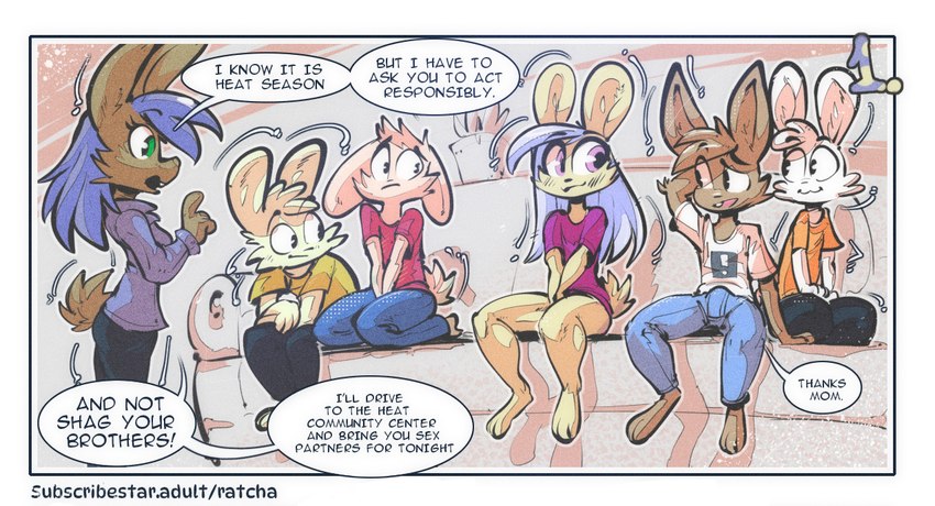 anthro bulge clothed clothing dialogue facial_tuft female group hair male open_mouth tail text tuft ratcha berry_(ratcha) clover_(ratcha) cotton_(ratcha) jumper_(ratcha) violet_(ratcha) zipper_(ratcha) mammal comic digital_media_(artwork) english_text brother_(lore) brother_and_sister_(lore) mother_(lore) mother_and_child_(lore) parent_(lore) parent_and_child_(lore) sibling_(lore) sister_(lore)