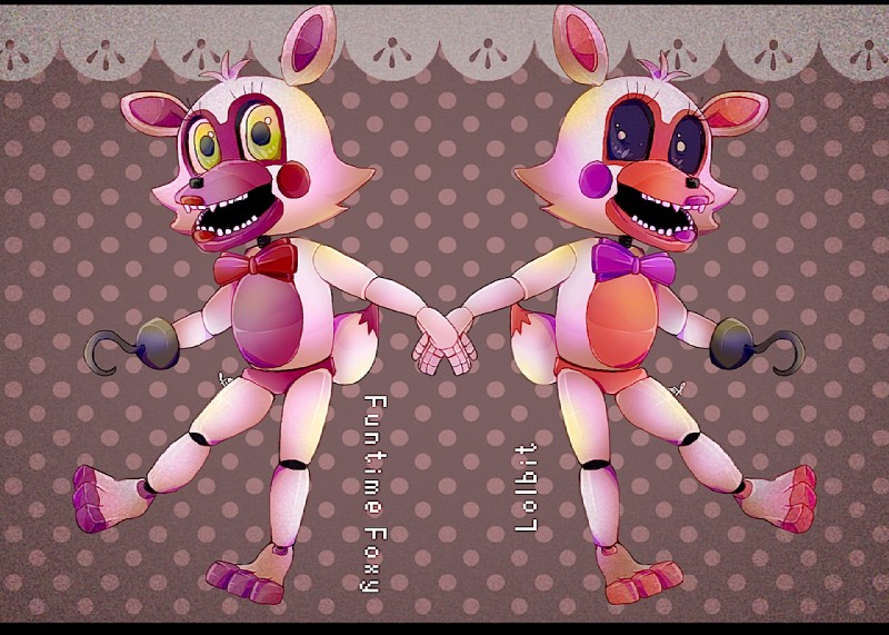 adventure funtime foxy, funtime foxy, and lolbit (five nights at freddy's world and etc) created by fia (artist)