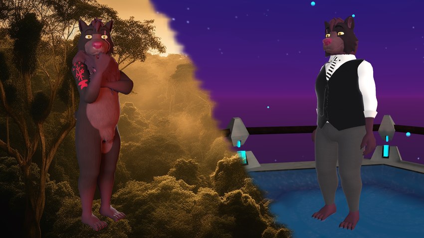 3d_modeling anthro arm_tattoo avatars barefoot bottomwear clothing dress_shirt feet forest forest_background front_view model nature nature_background necktie pants paws plant safe_nudity shirt side_view tail tattoo topwear tree vrchat_model xca zgf_art vrchat bear mammal 16:9 3d_(artwork) digital_media_(artwork) hi_res widescreen