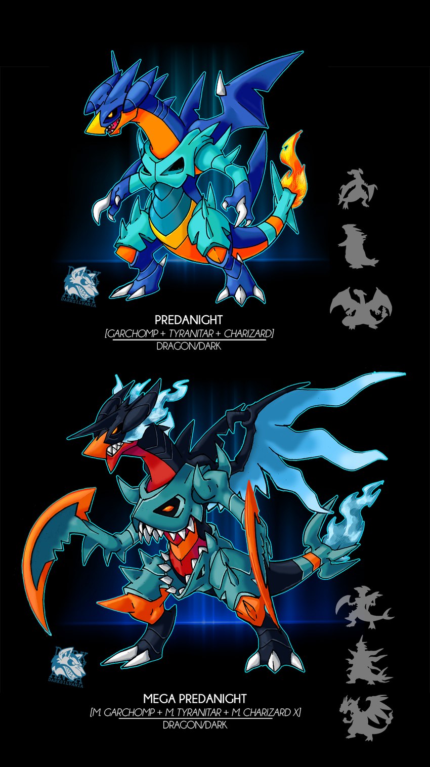 ambiguous_gender fire fusion pokemon_fusion solo wings darksilvania fakemon nintendo pokemon charizard garchomp generation_1_pokemon generation_2_pokemon generation_4_pokemon generation_6_pokemon mega_charizard mega_charizard_x mega_evolution mega_garchomp mega_tyranitar pokemon_(species) tyranitar hi_res multiple_images