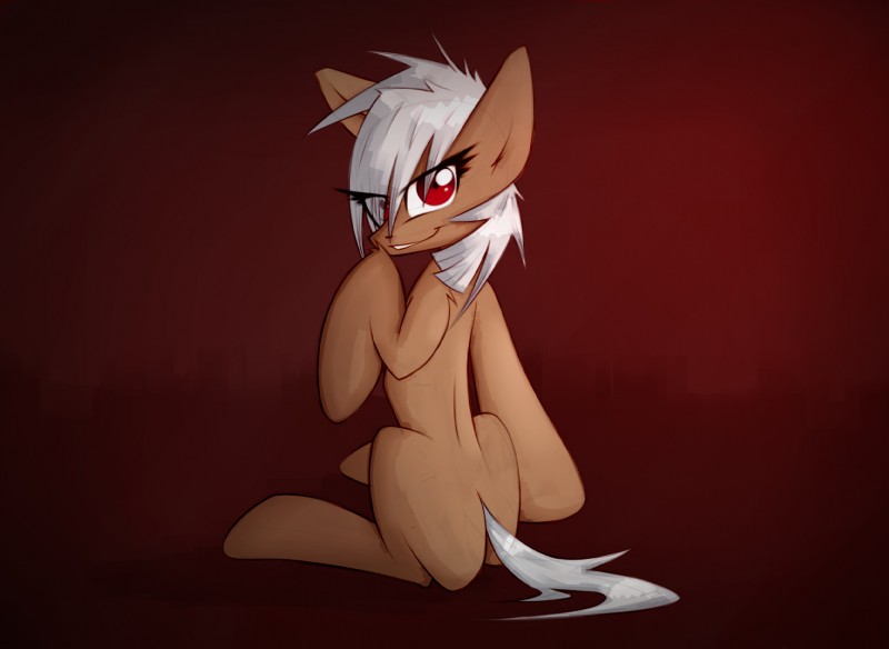 ambiguous_gender brown_body brown_fur feral fur hair looking_at_viewer red_eyes simple_background sitting solo white_hair queenbloodysky hasbro my_little_pony fan_character equid mammal hi_res