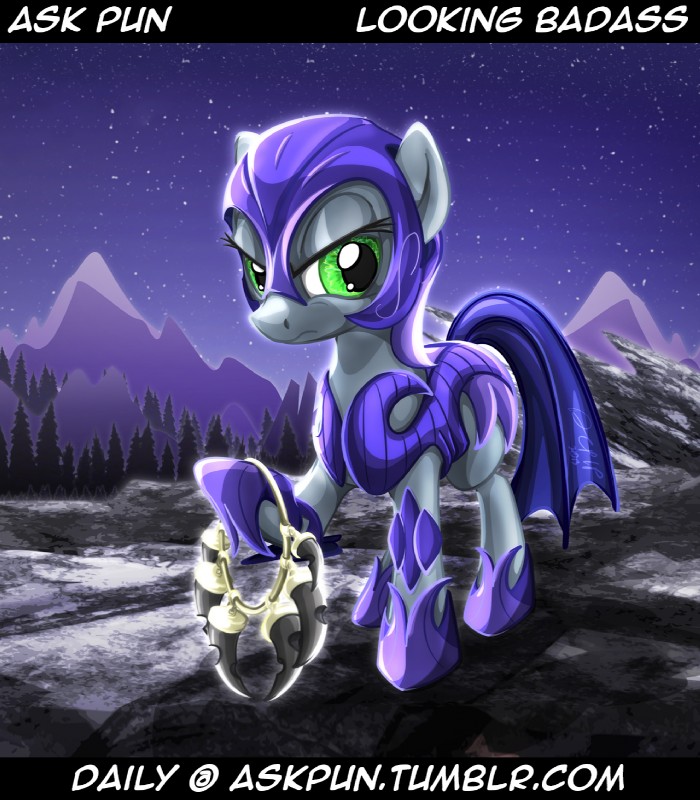 armor female feral guard night outside solo text dcpip ask_pun friendship_is_magic hasbro my_little_pony fan_character pun_pony earth_pony equid equine horse mammal pony hi_res url