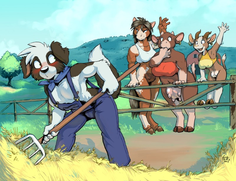 anthro barn being_watched belly bent_over black_hair blush bottomless bovine_teats bovine_udders breast_size_difference breasts breasts_and_teats caprine_teats caprine_udders casual_exposure clothed clothing ear_piercing farm female fur gesture grass group hair hooves horn looking_at_another male multi_breast multicolored_body multicolored_fur nipple_outline nipples outside overalls piercing plant teats thick_thighs two_tone_body two_tone_fur udders waving whistling rick_griffin farm_life sammy_(farm_life) border_collie bovid bovine canid canine canis caprine cattle collie domestic_dog domestic_goat equid equine goat herding_dog horse mammal pastoral_dog sheepdog 2017